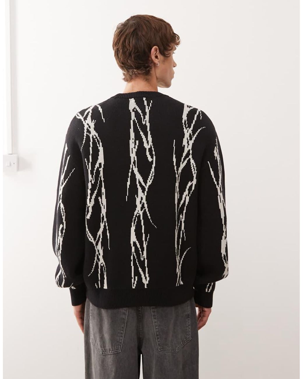 Weekday Black Oversized Jumper With Barbed Wire Graphic Jaqcuard for men
