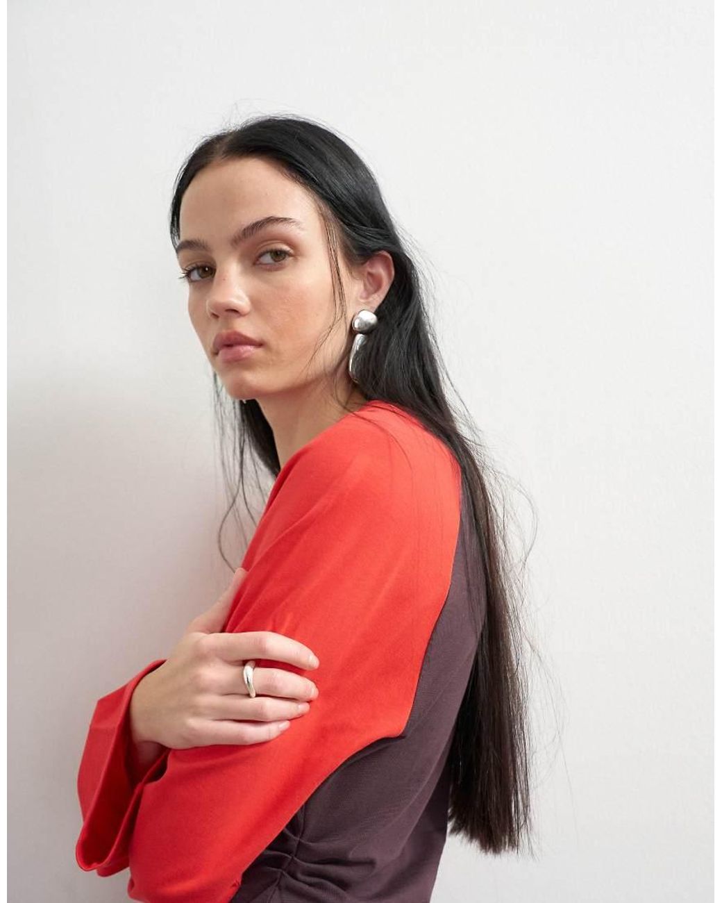 TOPSHOP Red Colour Block Cinched Waist Long Sleeve Raglan T-Shirt