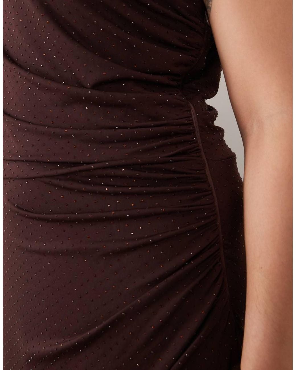Tfnc Plus Brown Slinky Hotfix Fallen Shoulder Thigh Split Maxi Dress