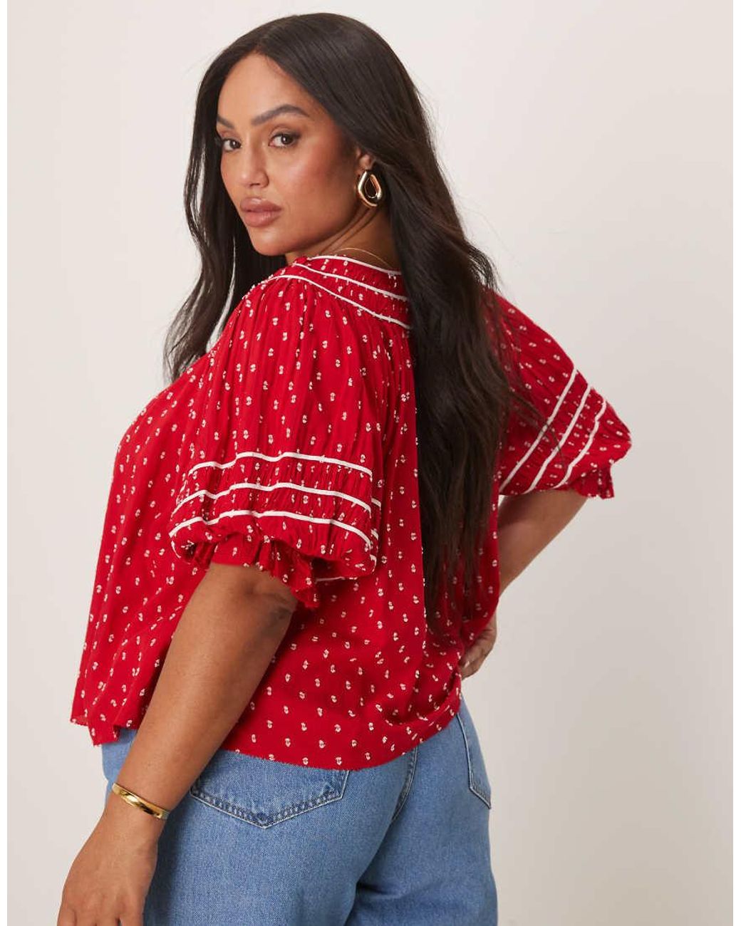 Nobody's Child Red Iris Puff Sleeve Tie-Detail Top