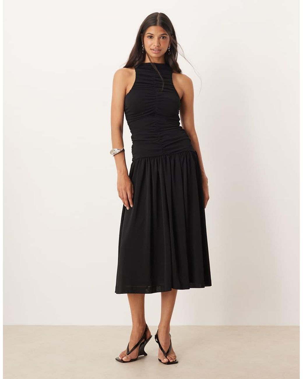 Mango Black Drop Hem Ruched Midaxi Dress