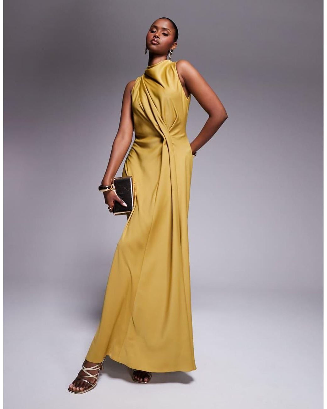 asos gold satin dress Asos Gold Satin Maxi Dress Yellow Satin Dress Long Sleeve ASOS DESIGN Long Sleeve Satin Maxi