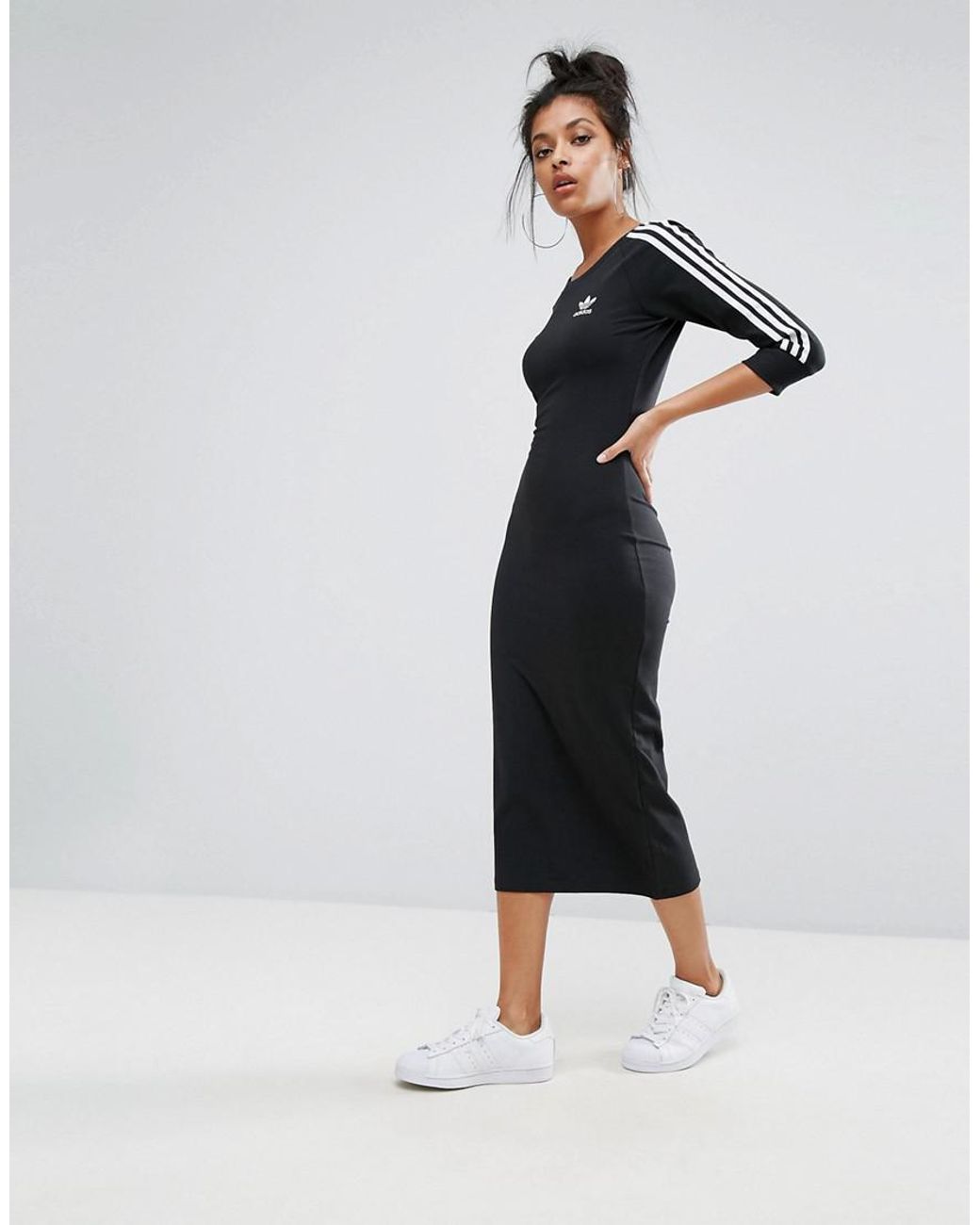 adidas Originals Originals Black Three Stripe Midi Dress | Lyst