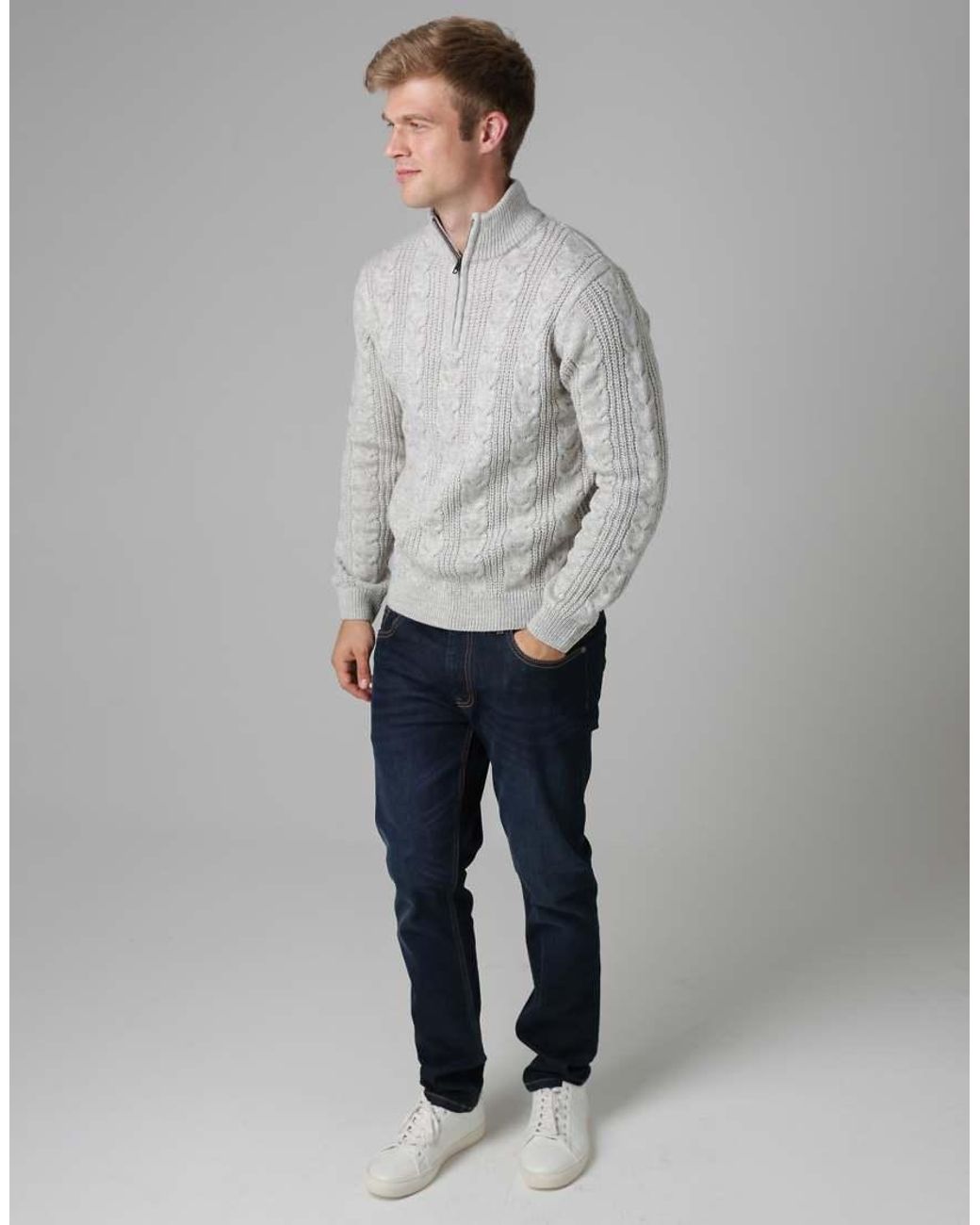 French Connection Gray 1/2 Zip Cable Knit Jumper for men