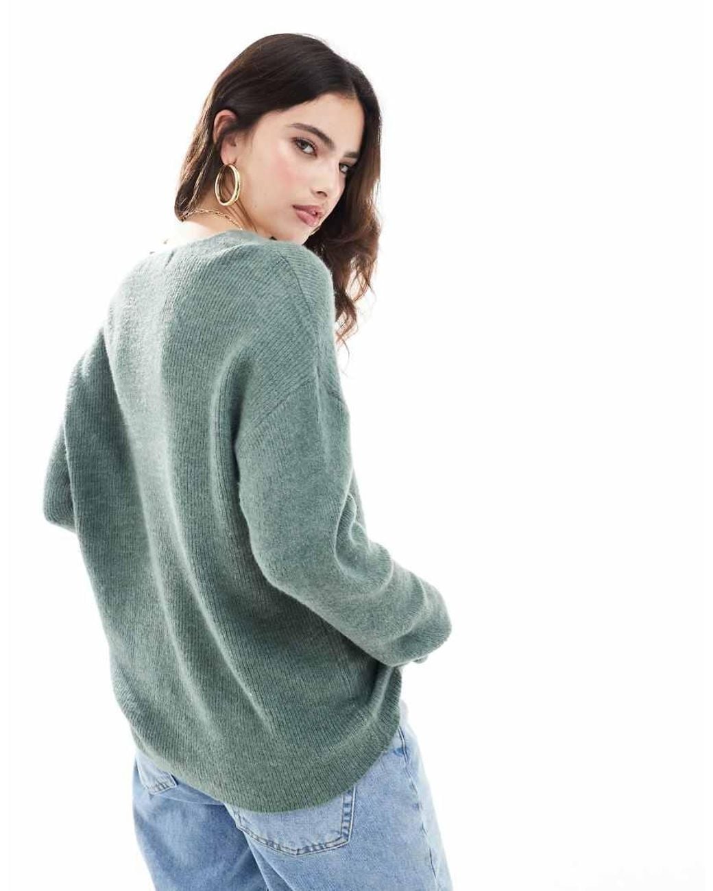 Vero Moda Green Rewlefile Ribbed Loose Fit V-Neck Knitted Drop Shoulder Jumper