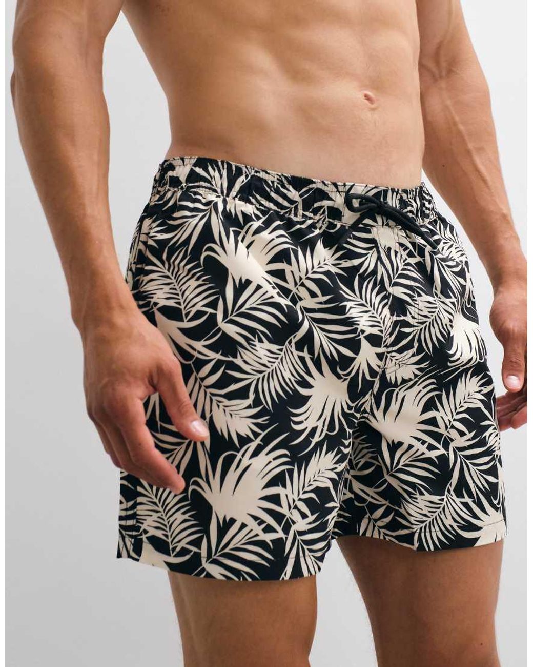 New Look Black Palm Print Swim Shorts for men