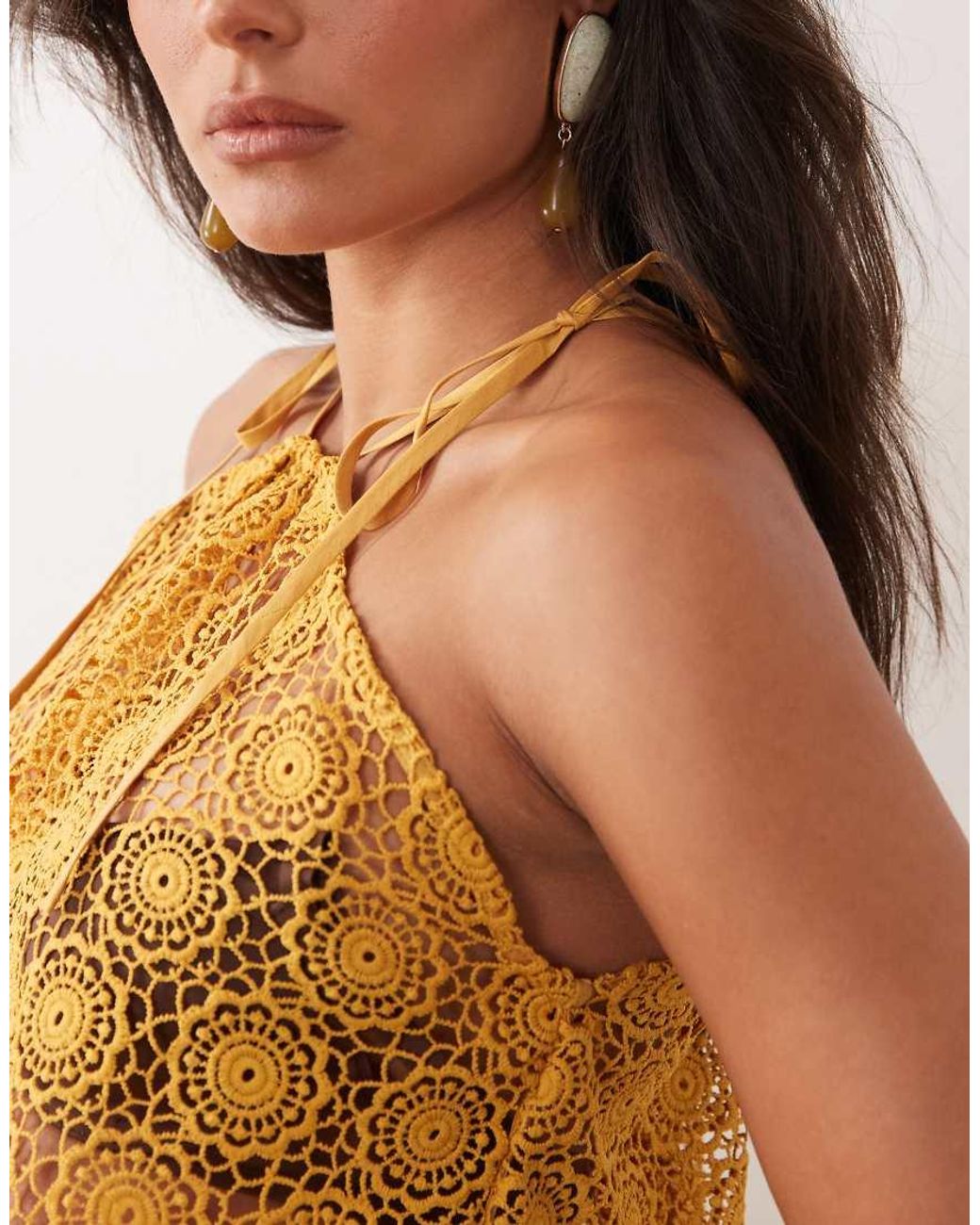 Noughts & Kisses Yellow Crochet Halterneck Scarf Top