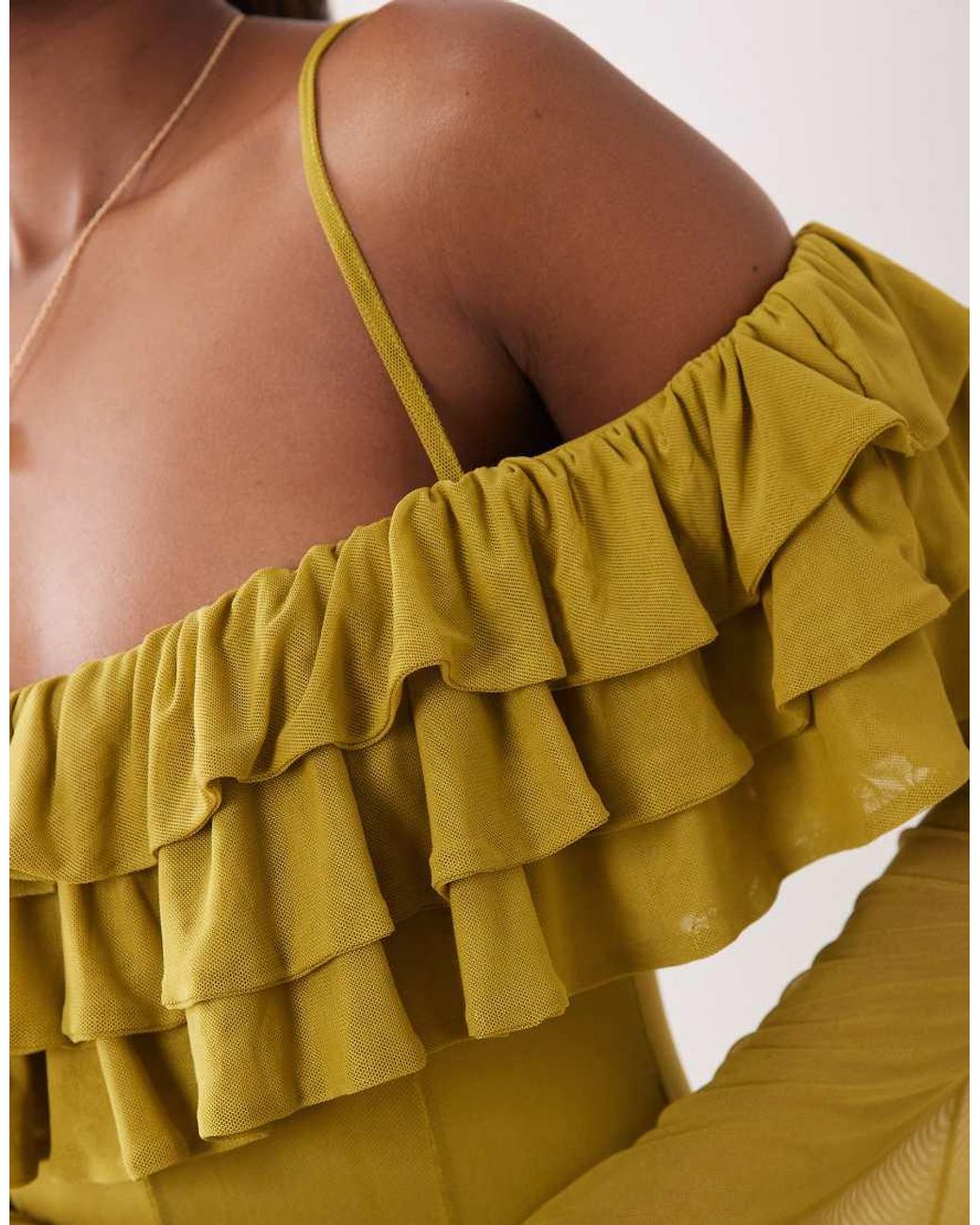 ASOS Yellow Mesh Off Shoulder Ruffle Maxi Dress With Full Godets