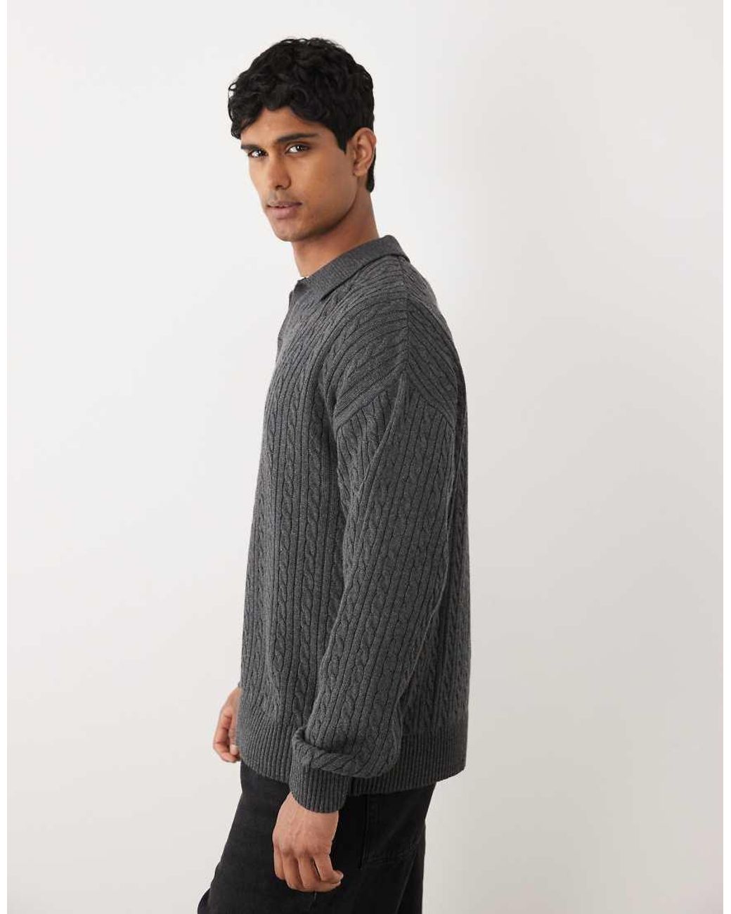 Redefined Rebel Gray Jared Open Collar Oversized Cable Knit Jumper for men