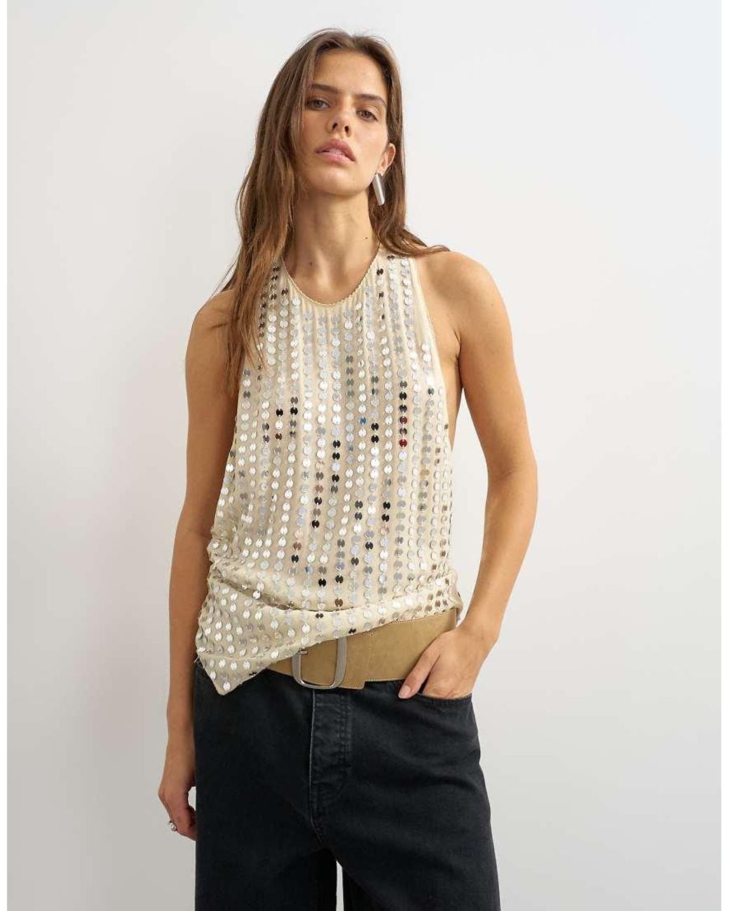 TOPSHOP Natural Premium Low Scoop Open Back Tank Top With Heavy Embellishment