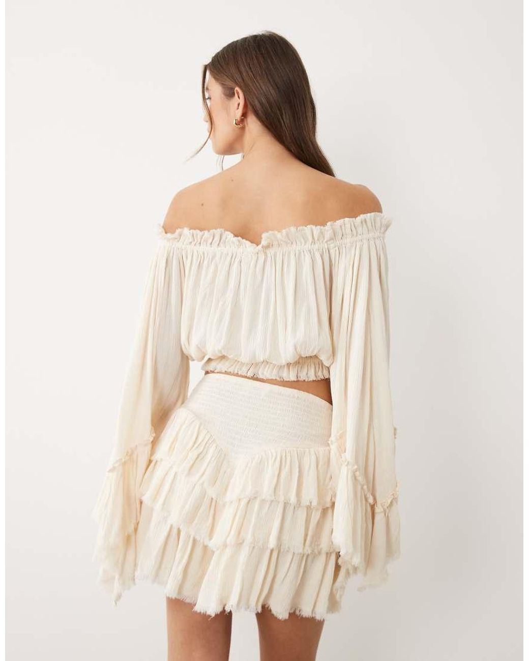 Miss Selfridge Natural Off Shoulder Boho Blouse With Fluted Sleeves