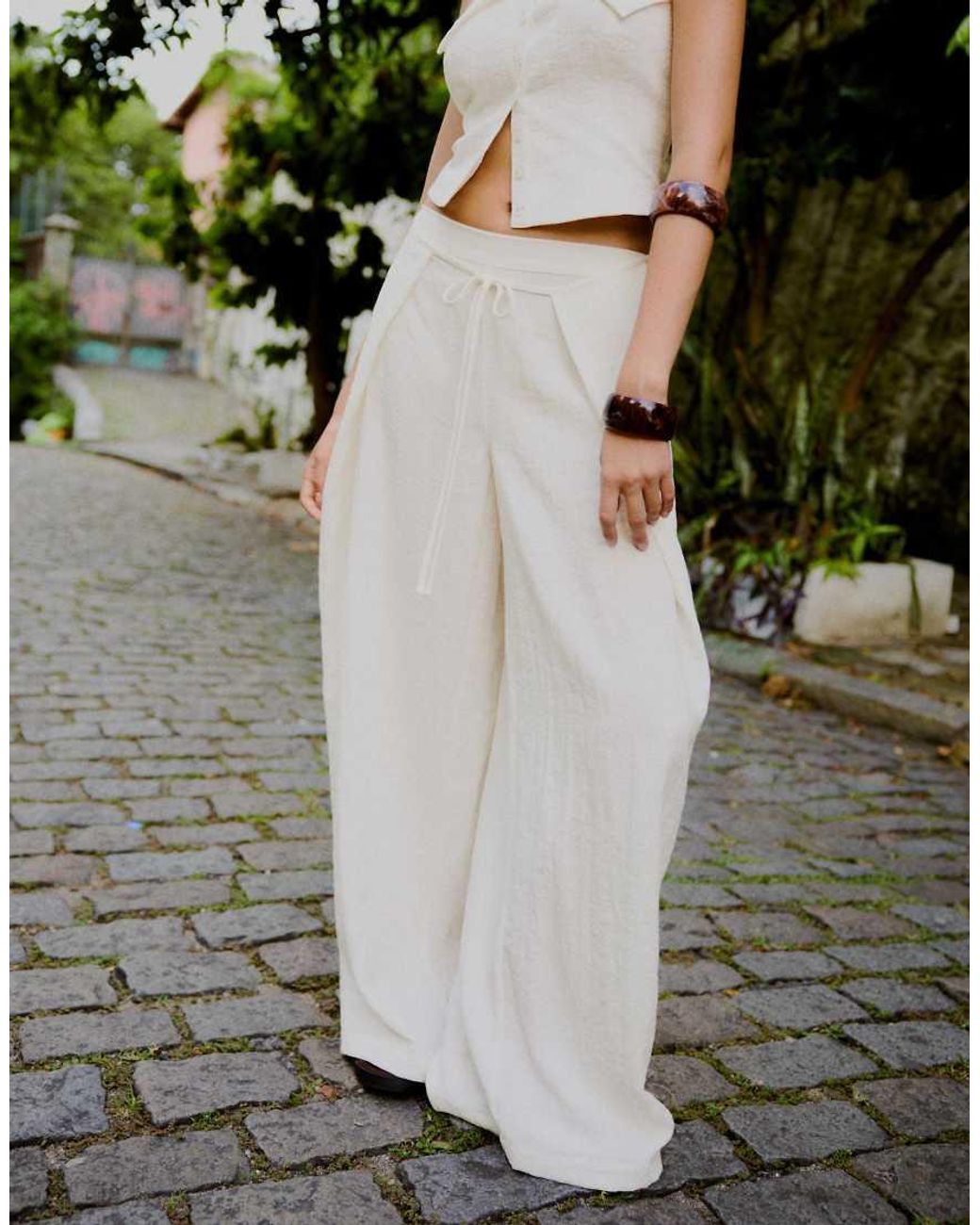 Bershka Gray Wide-leg Rustic Pleated Trousers
