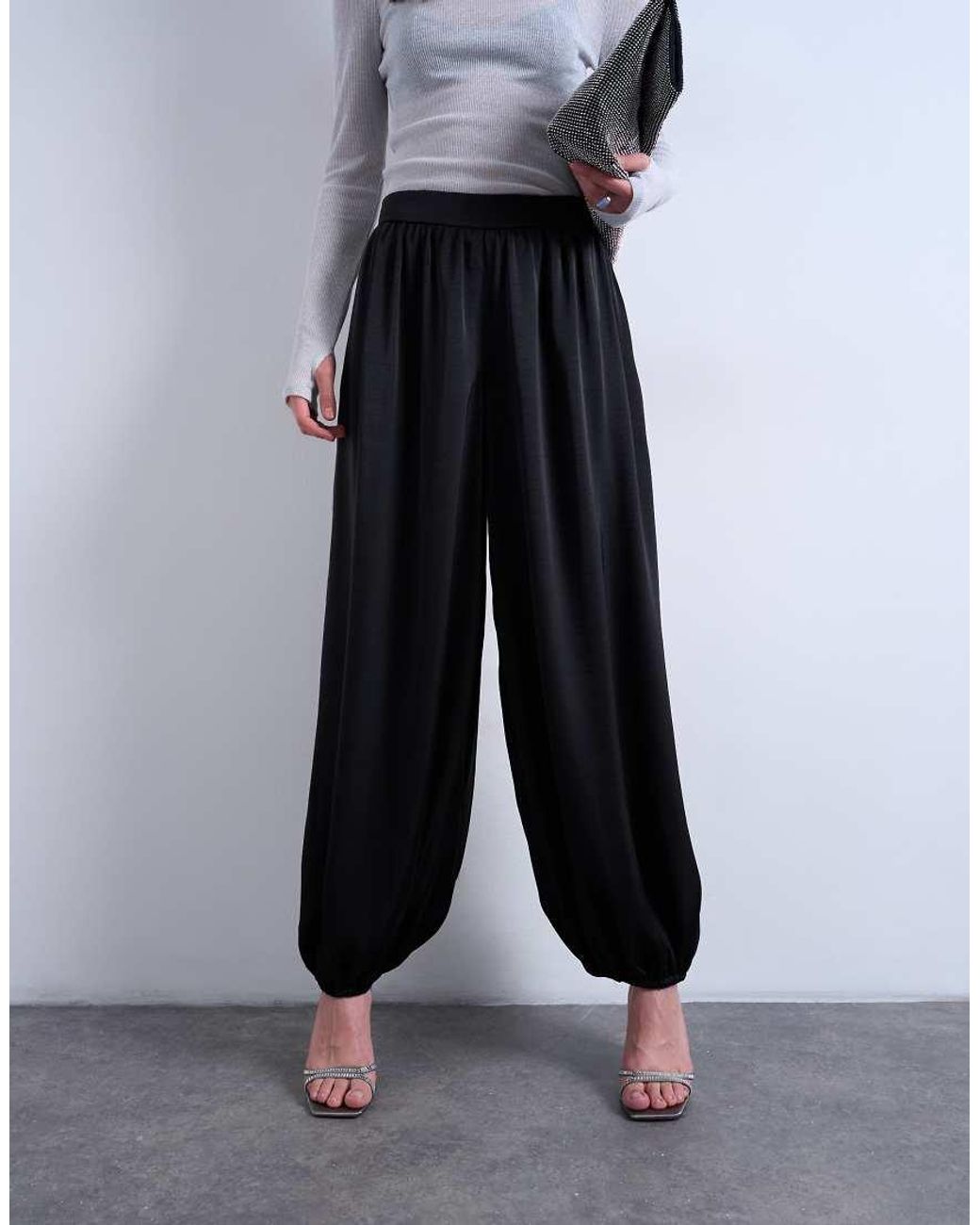 TOPSHOP Black Satin Deep Waistband Balloon Trouser