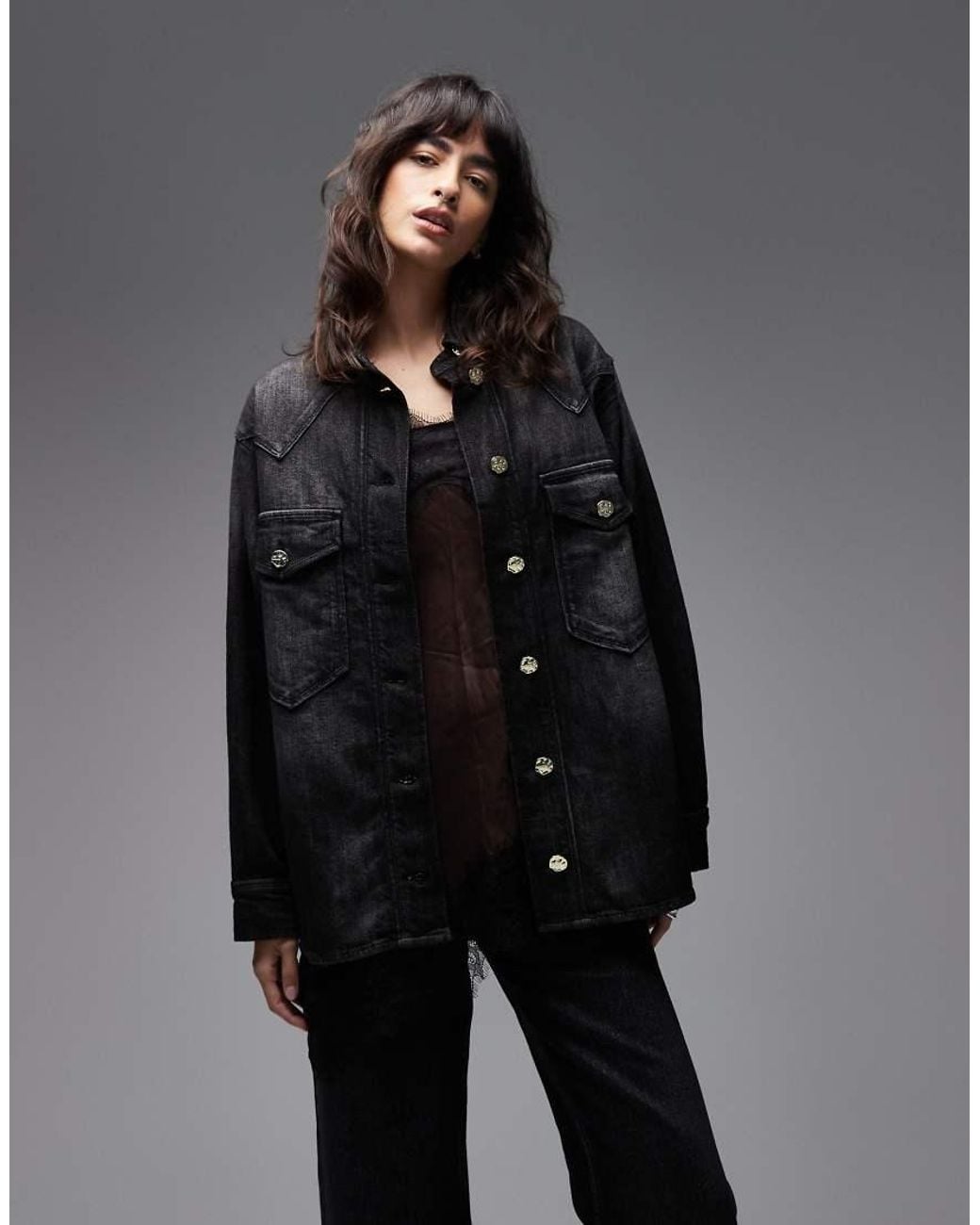 AllSaints Gray Bryn Denim Jacket With Gold Button Detail