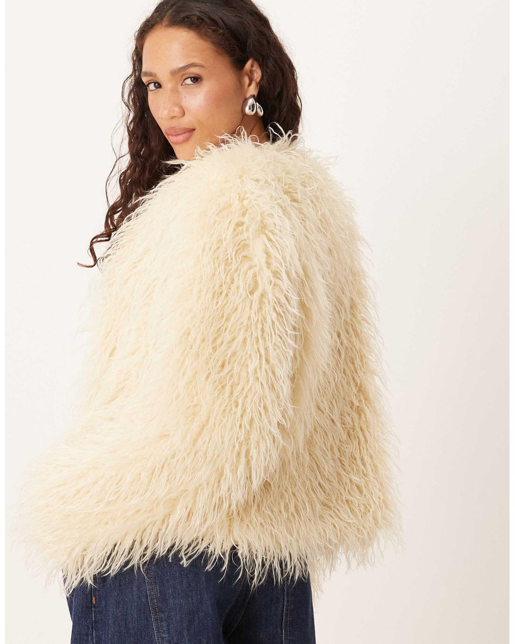Brave Soul Natural Collarless Short Mongolian Faux Fur Jacket