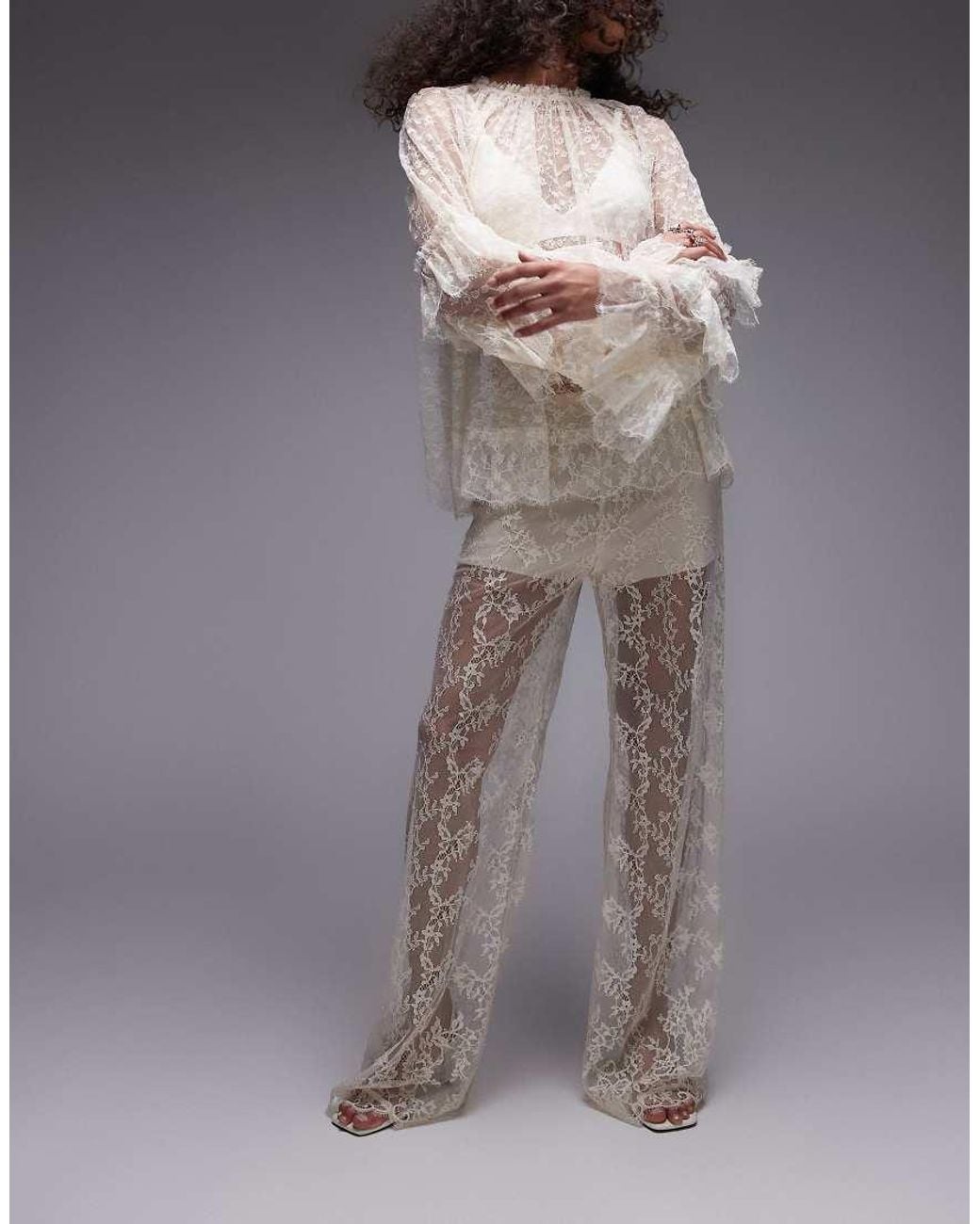 & Other Stories Gray Sheer Lace Trousers With Scallop Hem And Fitted Hotpants