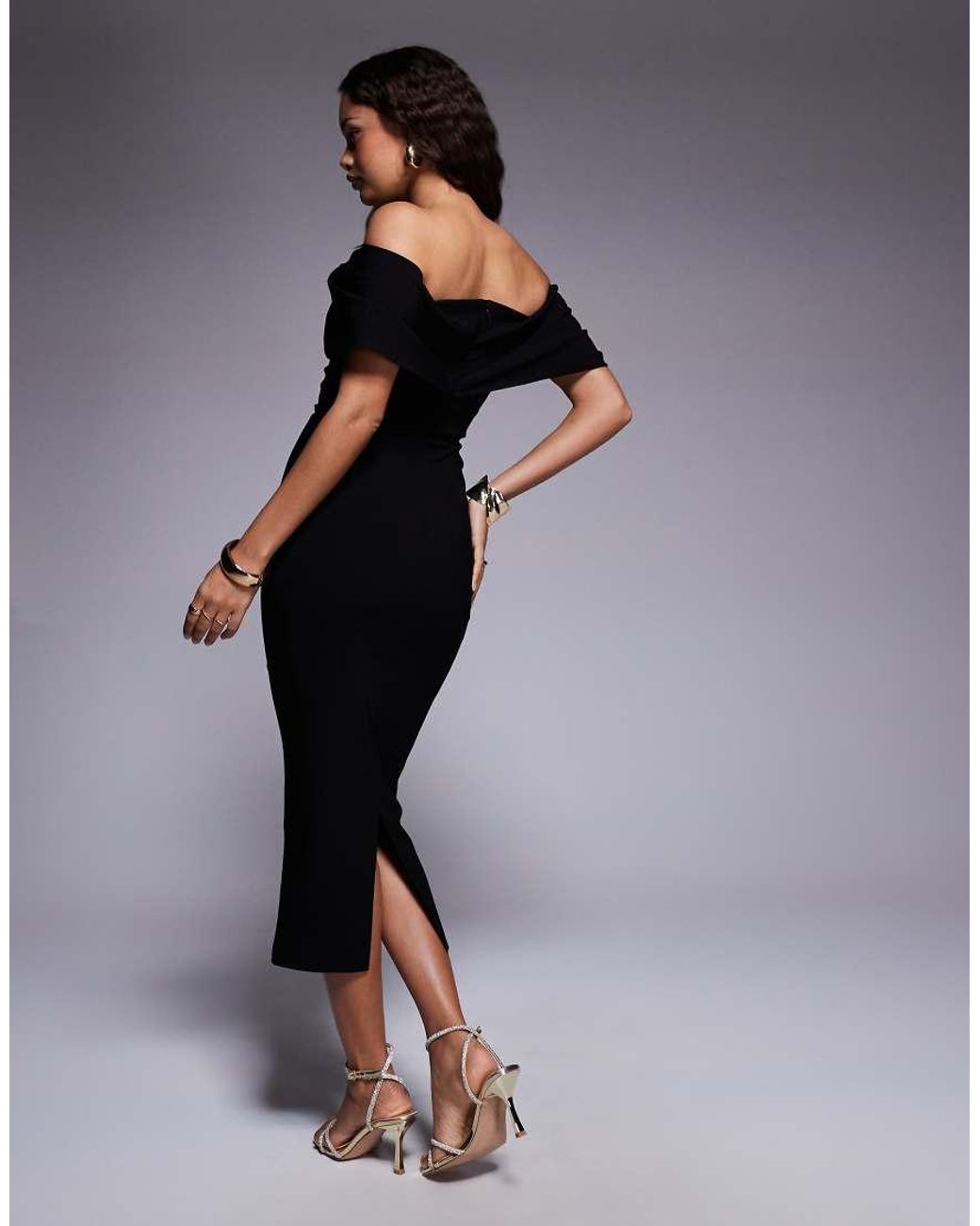 Vesper Petite Black Bengaline Bardot Drape Sleeve Detail Midaxi Dress