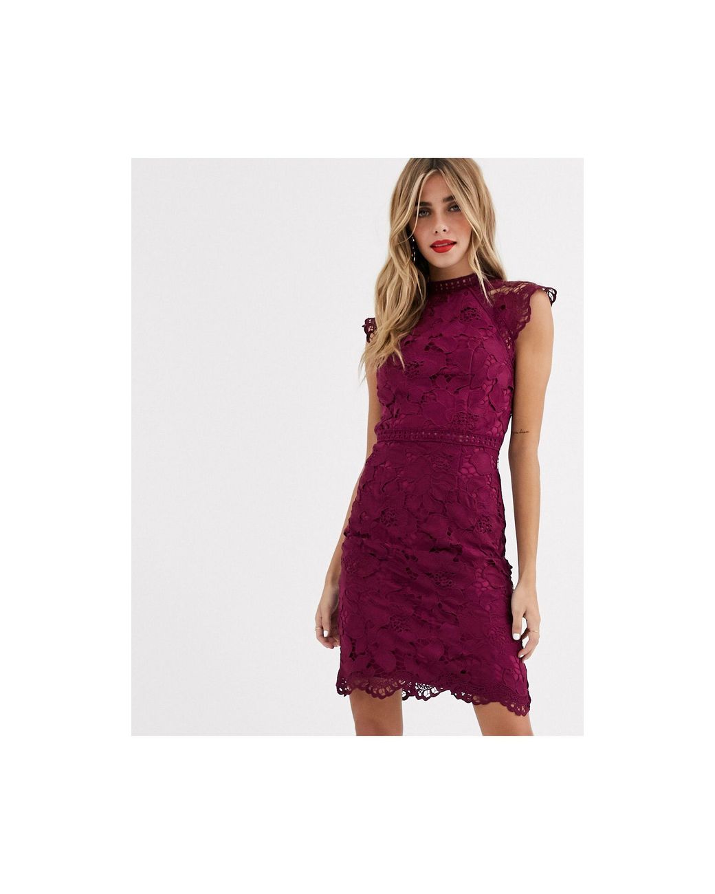 Chi Chi London Lace Pencil Dress in Red Lyst
