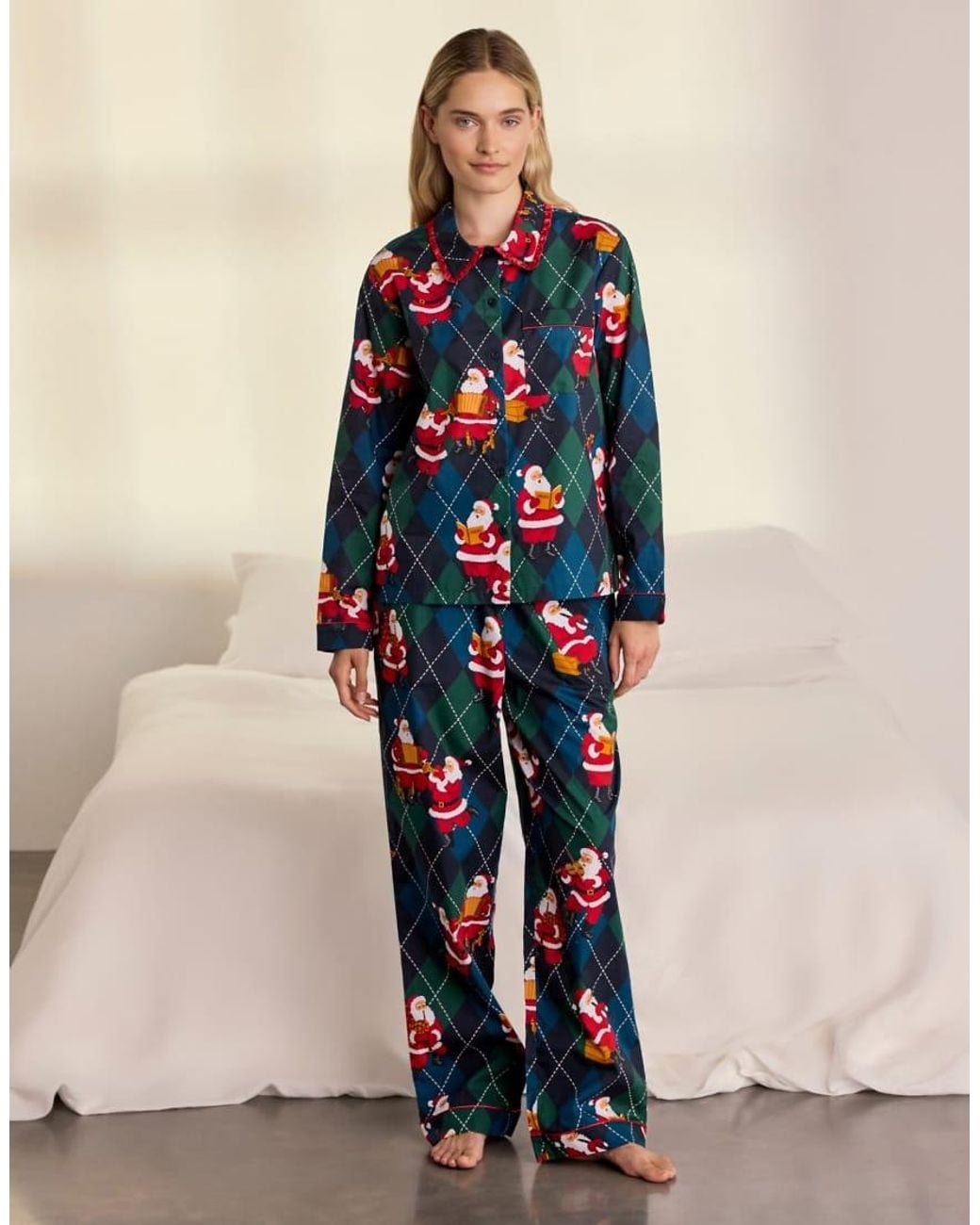 Chelsea Peers Blue Cotton Argyle Musical Santa Print Long Pyjama Set