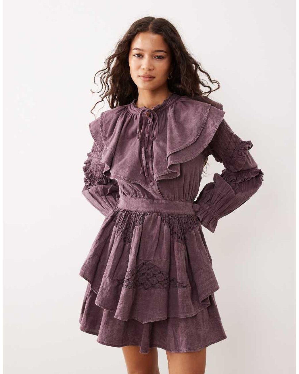 ASOS Purple Mini Dress With Cinched Waist Ruffle Detail And Lace Inserts