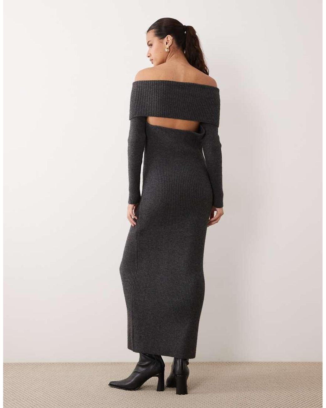 ASOS Gray Open Back Bardot Knitted Midaxi Dress