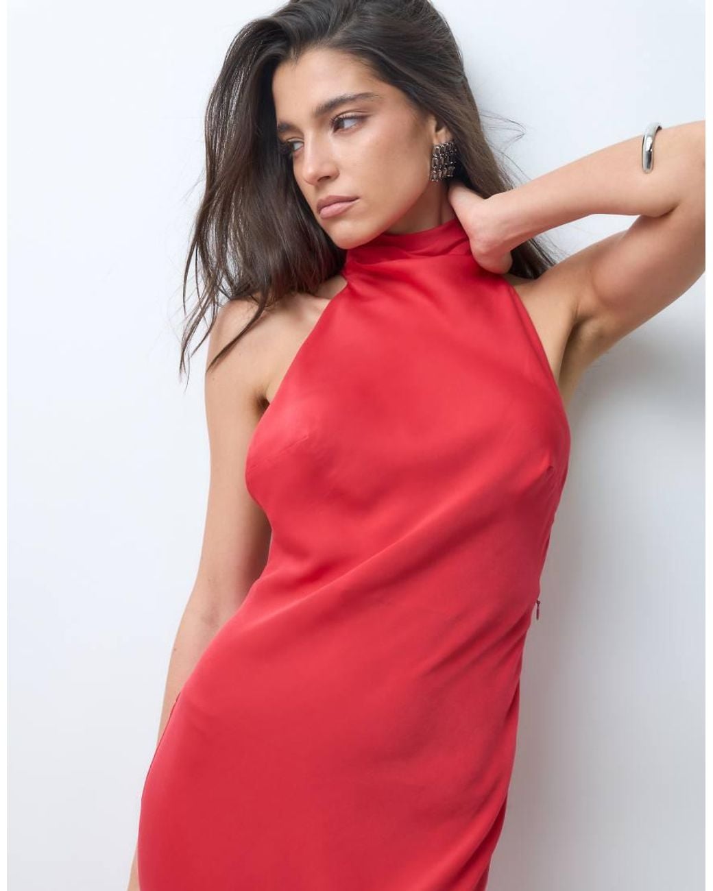 ASOS Red Funnel Neck Bias Cut Sleeveless Satin Maxi Dress