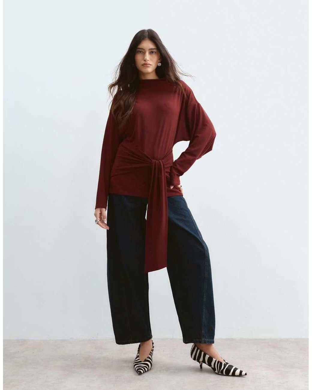 ARRANGE Red Jersey Long Sleeve Top With Tie Waist