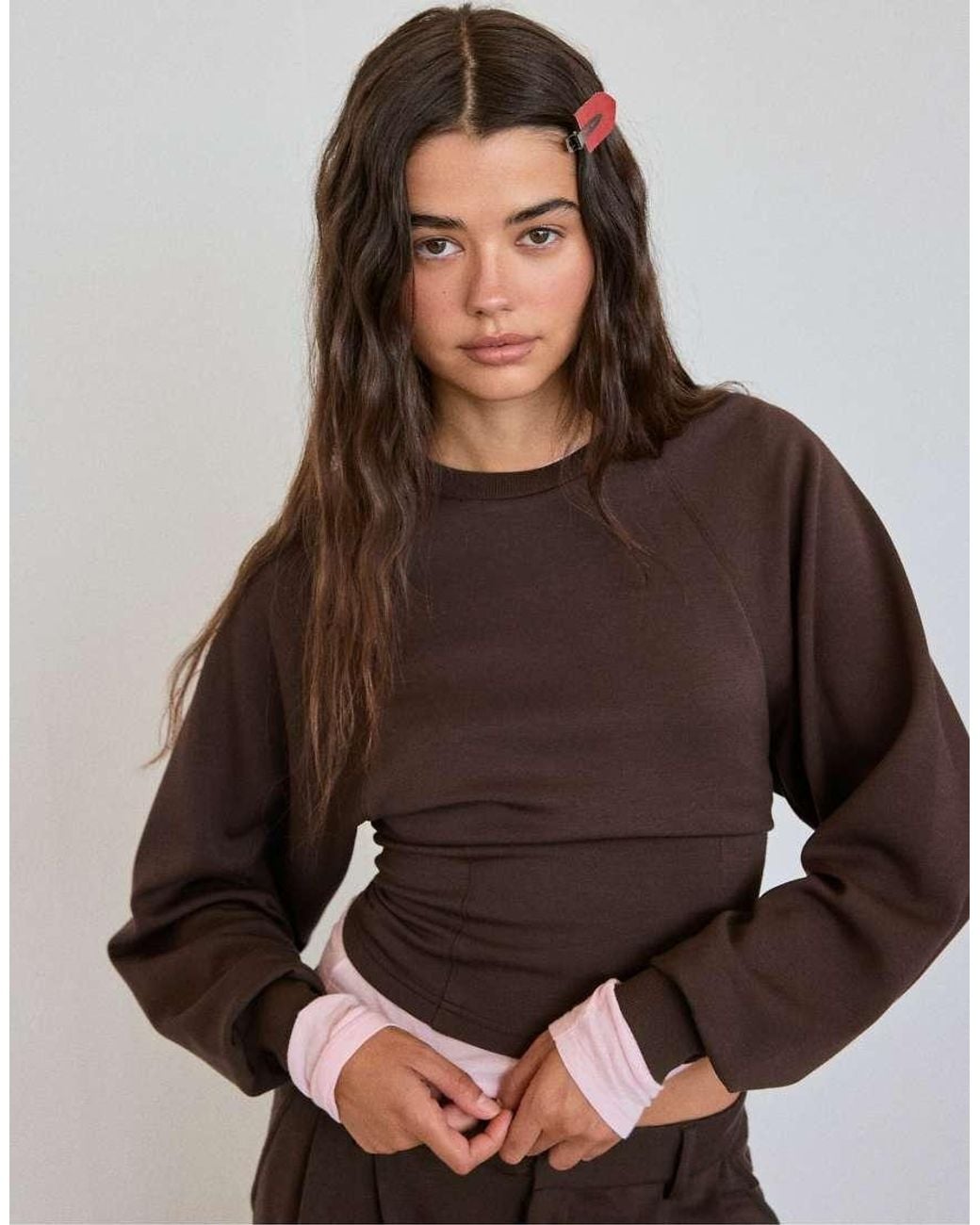 Stradivarius Brown Soft-touch Fitted Waist Sweatshirt