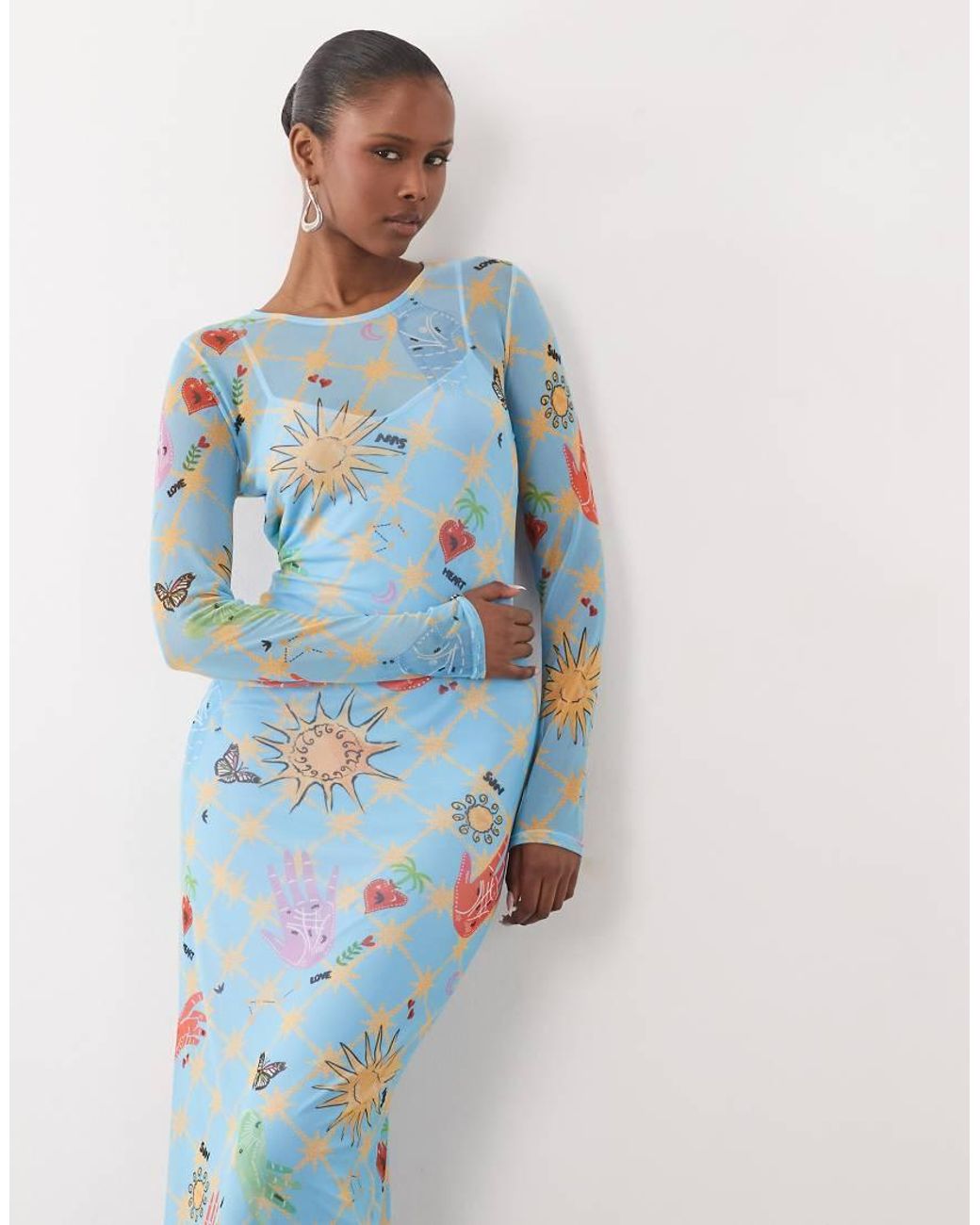 Never Fully Dressed Blue Mesh Long Sleeve Midi Dress