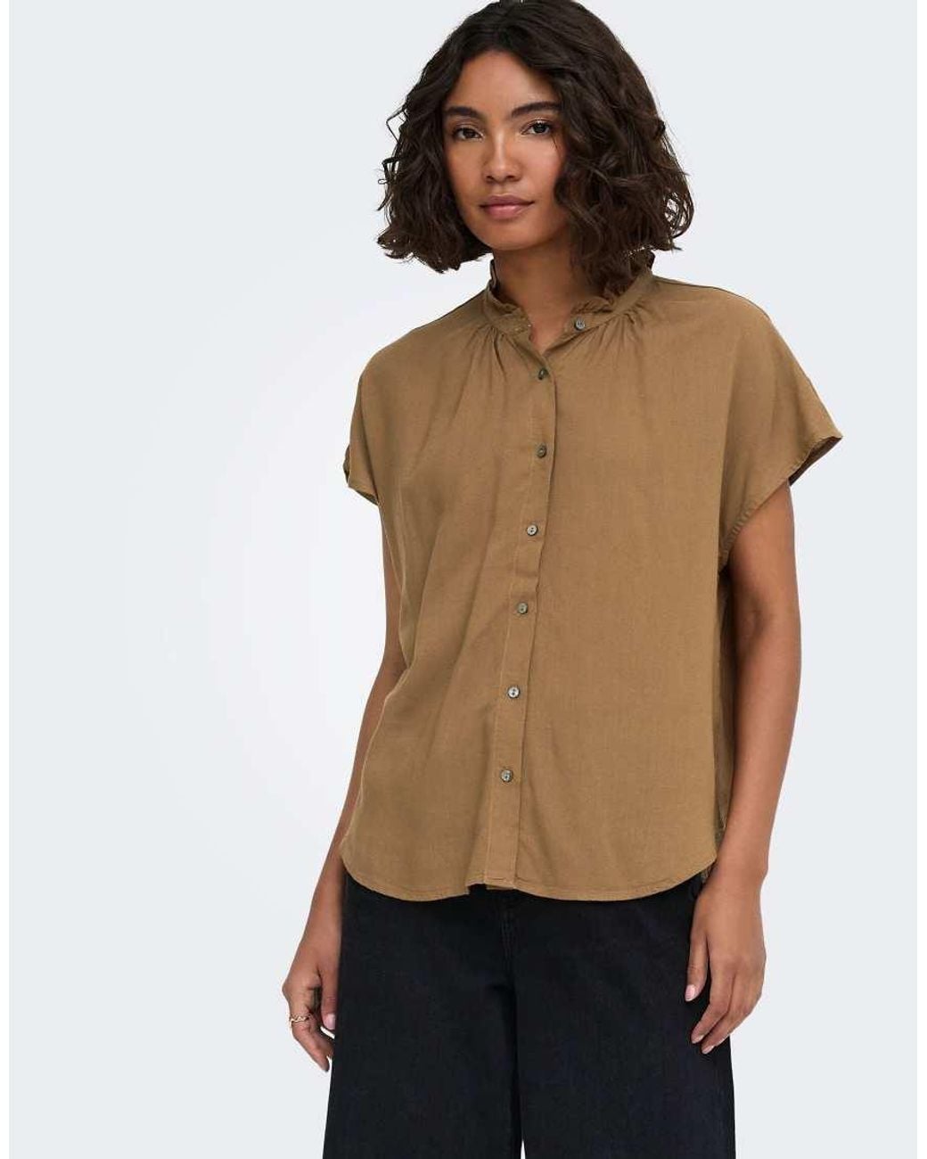 ONLY Natural Sitala China Collar Short Sleeve Top