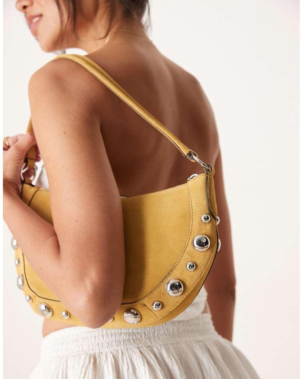 Mango Brown Studded Detail Leather Hand Bag With Fringe Trim