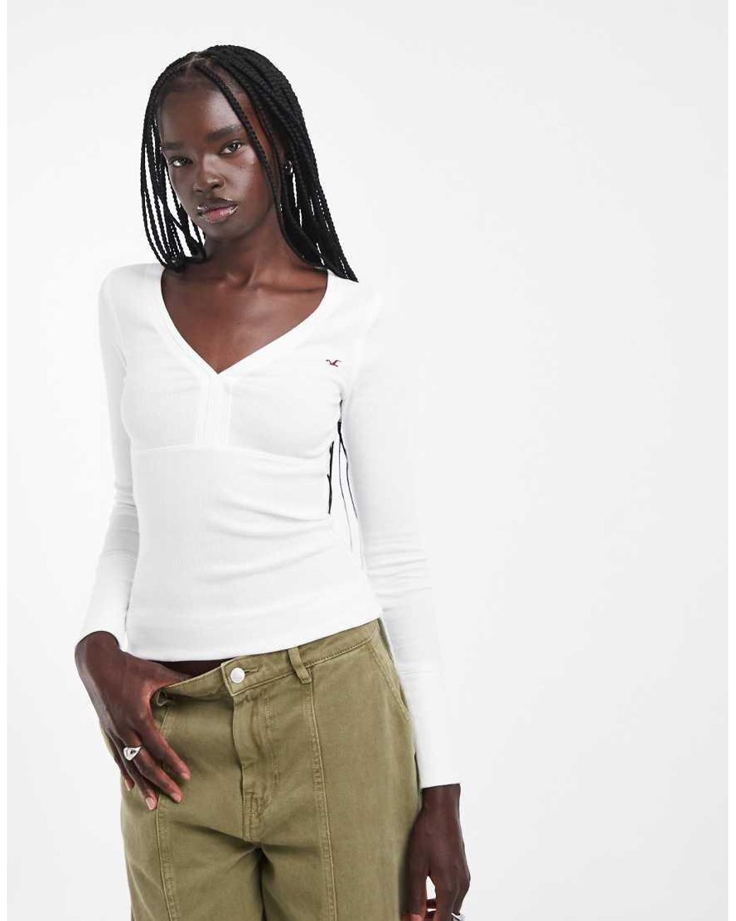 Hollister White Long Sleeve V Neck Top
