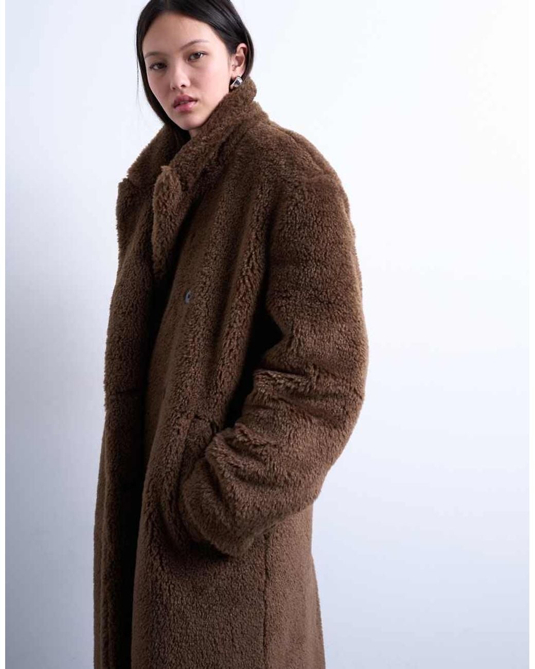 TOPSHOP Brown Double Breasted Borg Longline Coat
