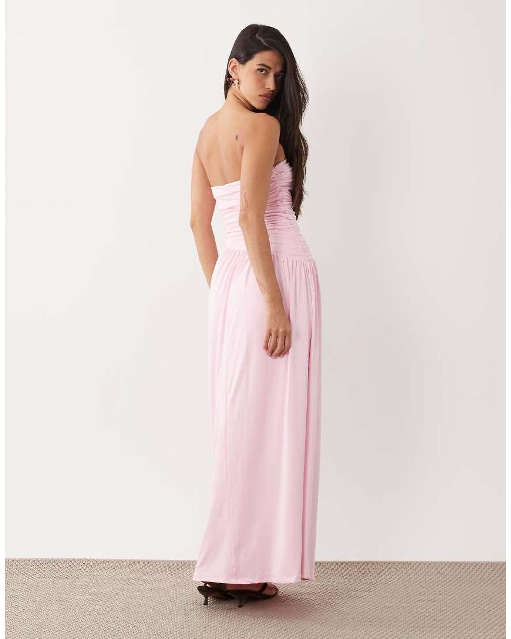 Aria Cove Pink Double Layered Slinky Bandeau Asymmetric Hem Ruched Side Detail Maxi Dress