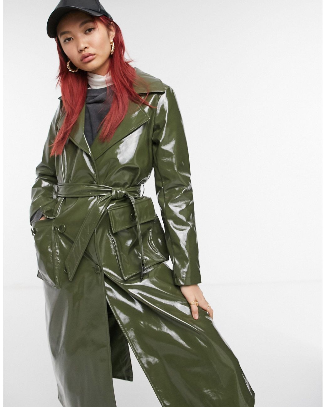 Urbancode High Shine Pu Belted Trench Coat in Green Lyst Canada