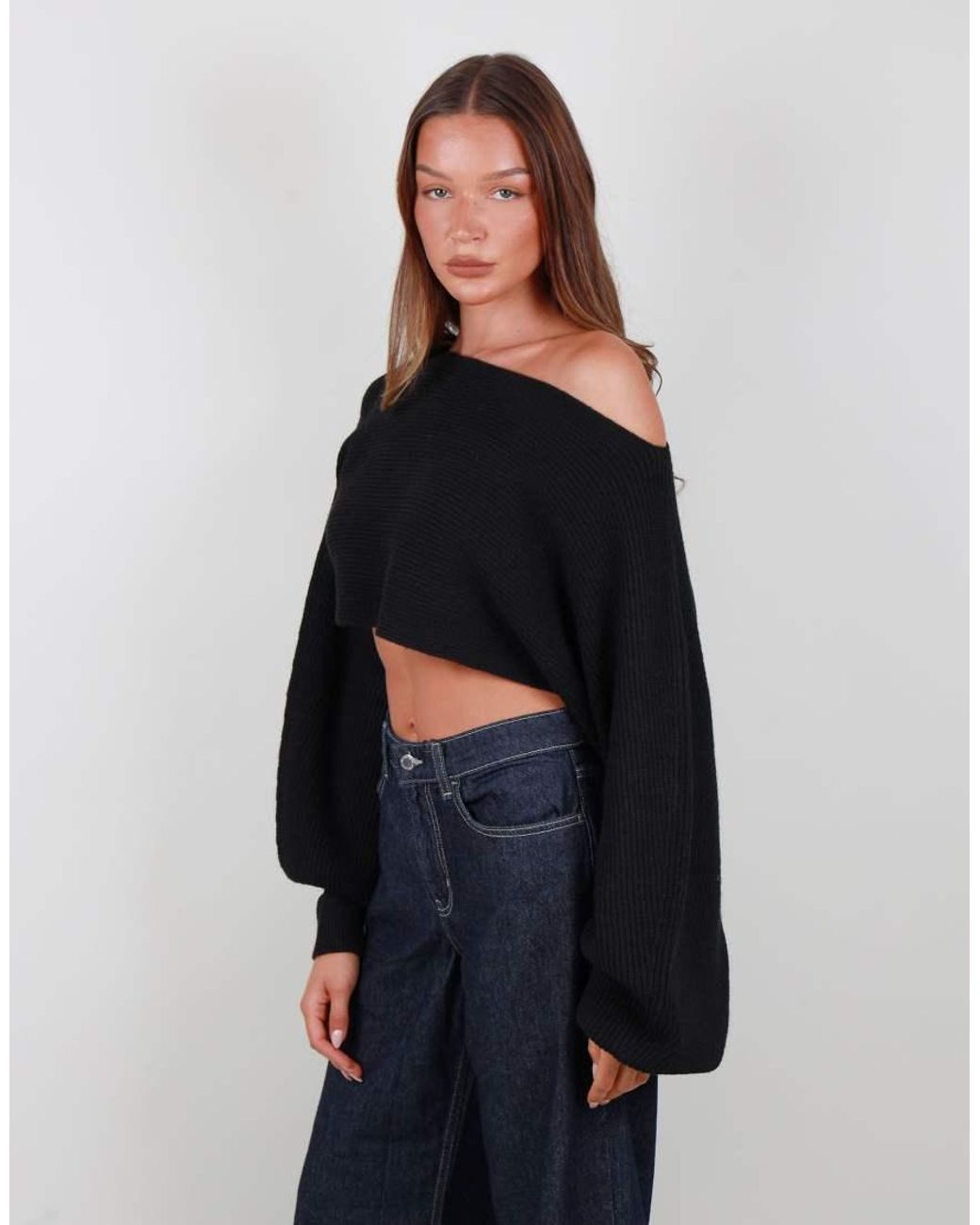 SIMMI Black Balloon Sleeve Knit Crop Top
