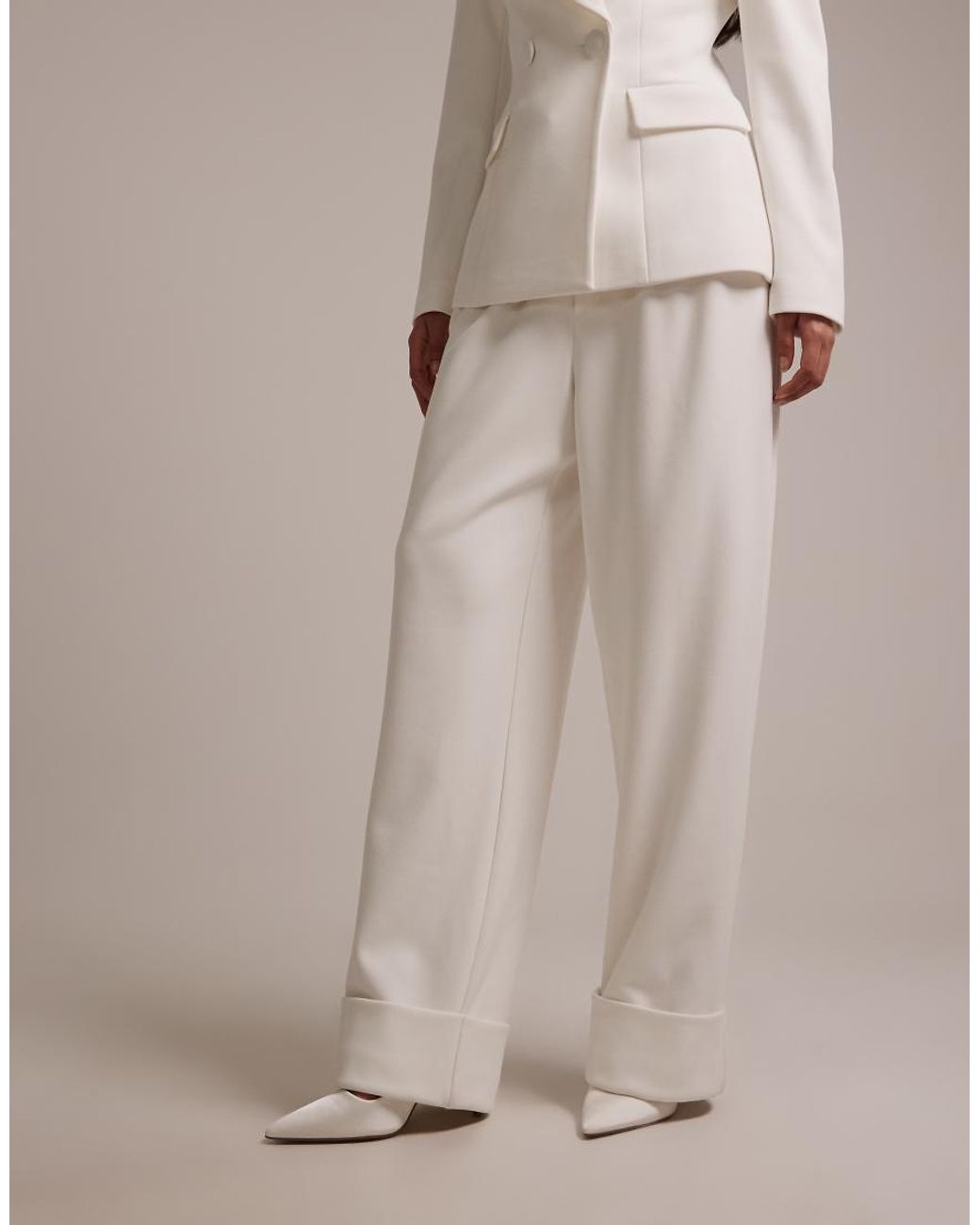 Wanderdoll Natural Charlotte Bridal Turned Up Tailored Wide Leg Trousers Co-ord