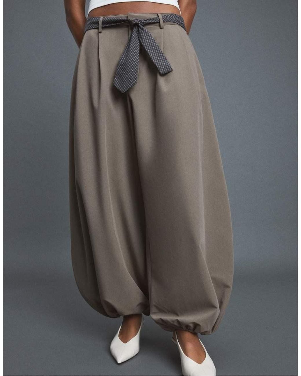 Stradivarius Gray Voluminous Sarouel Trousers With Tie Belt