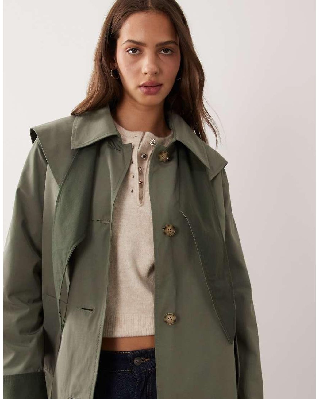 Abercrombie & Fitch Green A Line Cropped Trench Coat With Scarf Detail