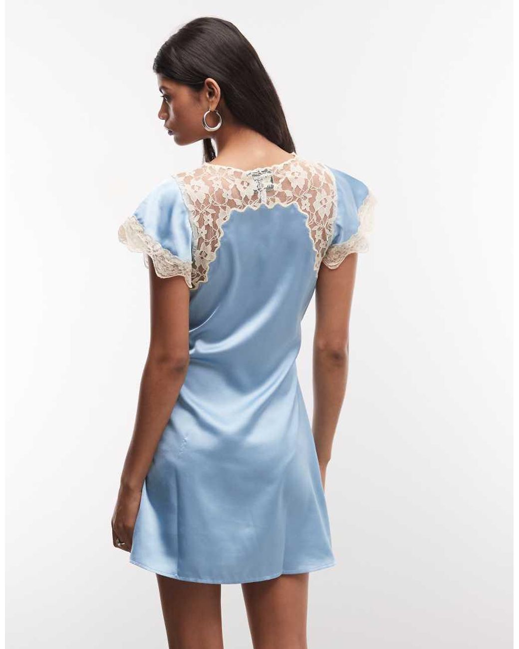 Reclaimed Vintage Blue Satin Mini Tea Dress With Contrast Lace Inserts