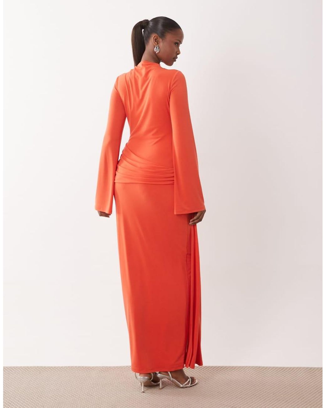 DASKA Red Slinky Long Sleeve High Neck Twist Drape Detail Maxi Dress
