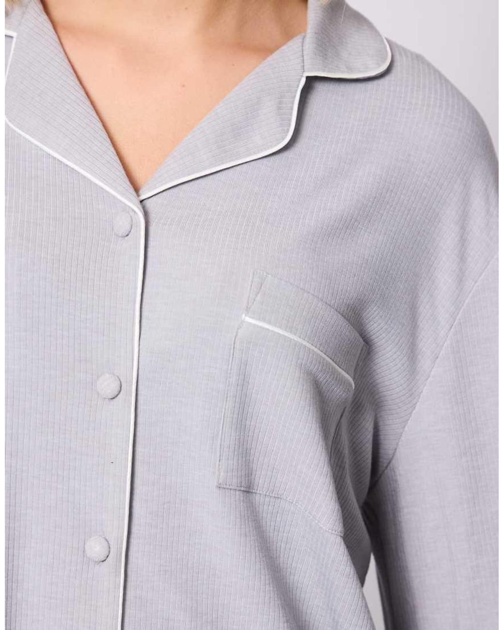 Loungeable Purple Rib Long Sleeve Traditional Shirt And Long Pant