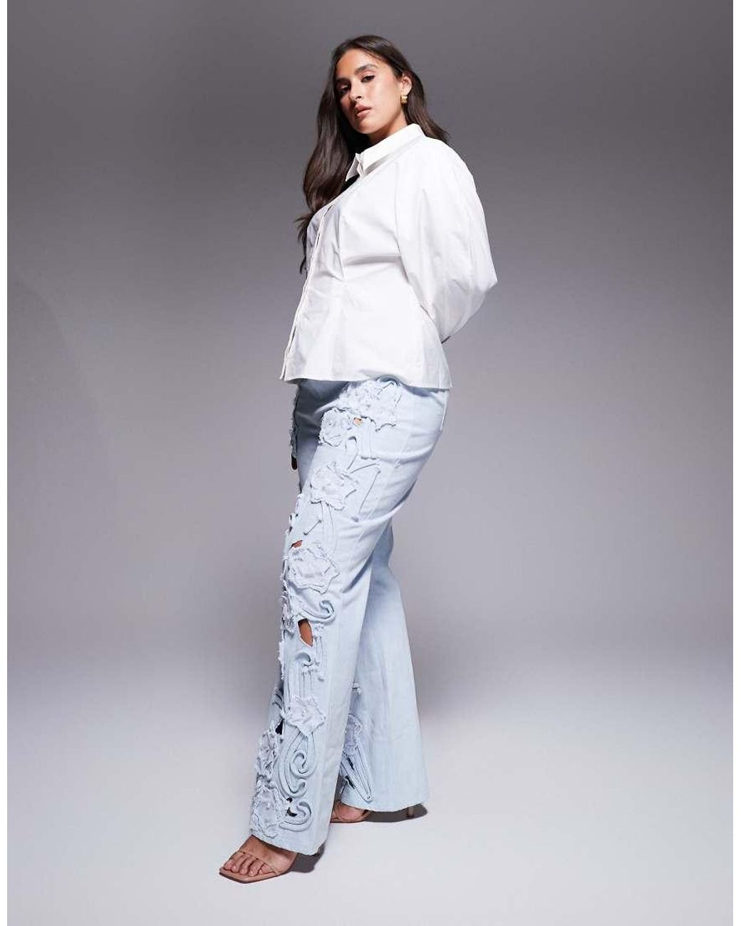 ASOS Blue Curve Denim Pearl Embellished Cornellli Jeans With Organza Flowers