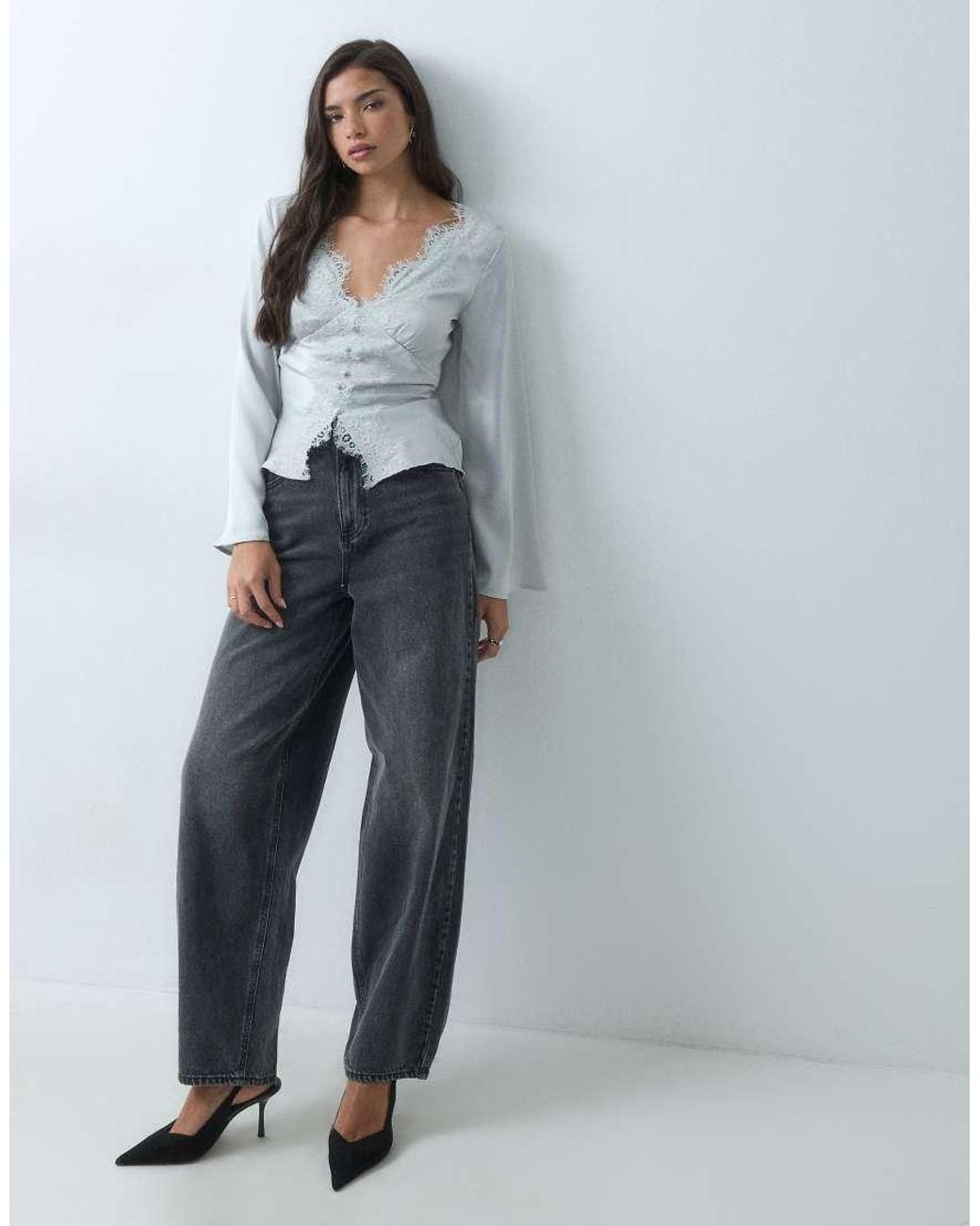 Gina Tricot Gray Long Sleeve V-neck Lace Detail Satin Blouse