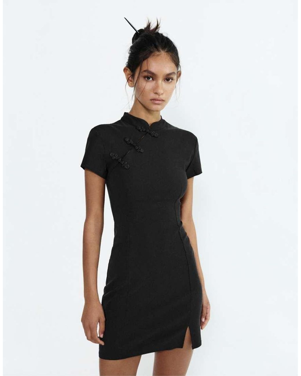 Pull&Bear Black Short Knotted Button Dress