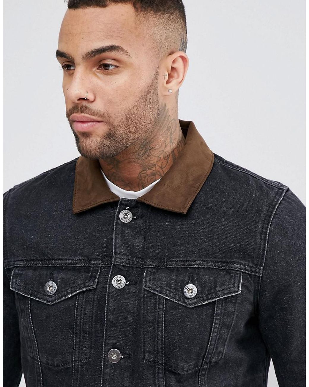 River Island Denim Jacket With Suede Collar In Washed Black for Men Lyst Canada