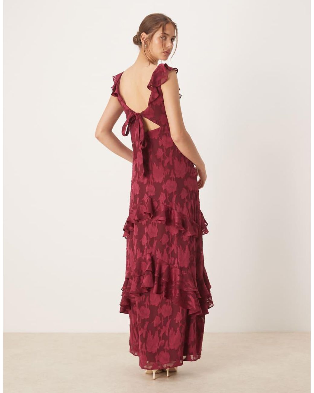 ANAYA Red Floral Burnout Ruffle Maxi Dress