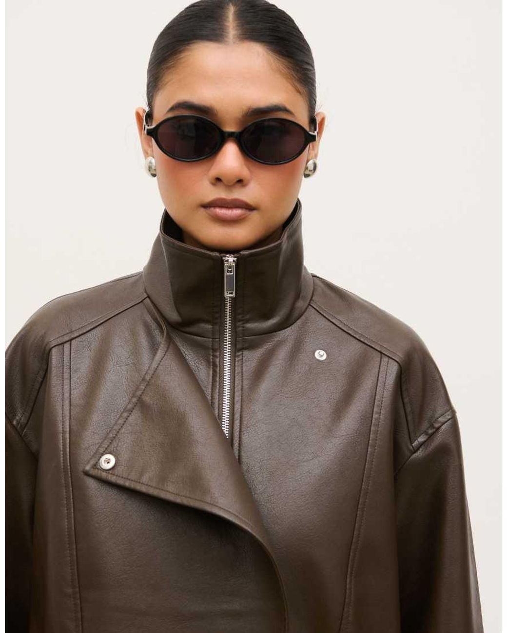 Pretty Lavish Brown Faux Leather Funnel Neck Bomber Jacket