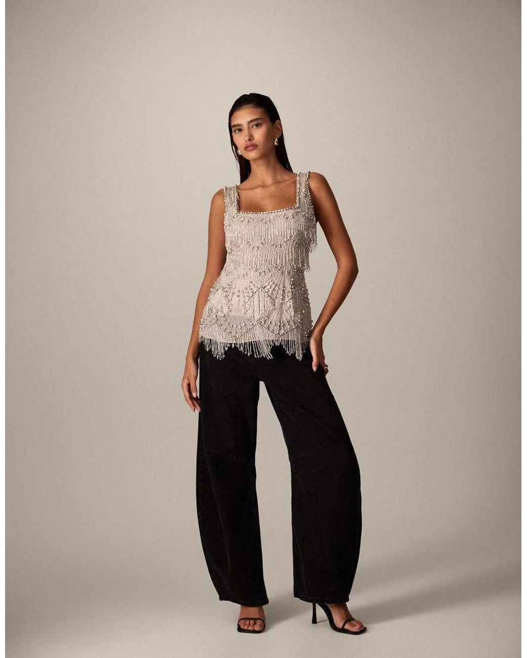 ARRANGE Brown Scallop Beaded Fringe Square Neck Top