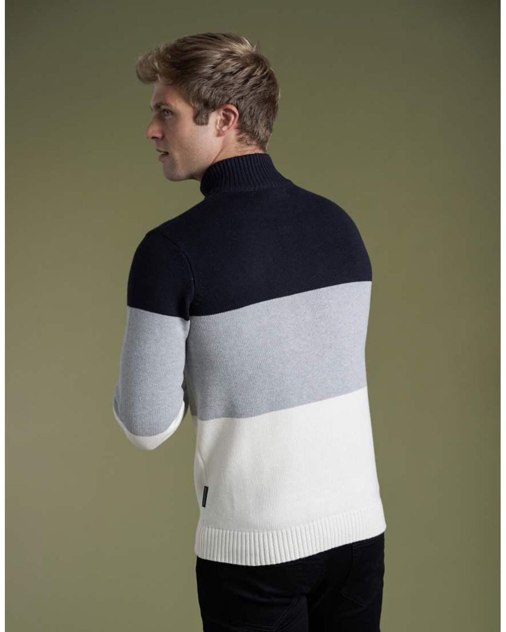 French Connection Green Cotton Colourblock 1/2 Zip Knitted Jumper for men